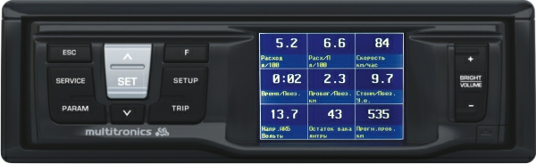 Multitronics RC700 Цветной дисплей
Цветной TFT дисплей 2.4" разрешением 320х240 и рабочей температурой от -20 градусов. Цветовое оформление дисплеев может быть настроено пользователем индивидуально (по RGB каналам). Четыре предустановленные цветовые схемы с быстрым переключением.
Мультидисплеи
Дисплеи х 1 параметр, 6 настраиваемых дисплея х 4 параметра, 4 настраиваемых дисплея х 7 параметров, 3 настраиваемых дисплея х 9 параметров, 8 графических настраиваемых дисплеев х 2 (или 1) параметр, 8 стрелочных настраиваемых дисплея х 2 параметра, 7 дисплеев средних параметров х 7 параметров, 2 дисплея парктроника, 4 горячих меню х 10 функций.
32-разрядный процессор
Мощный 32-разрядный процессор обеспечивает большую точность и скорость работы.
Съемная передняя панель
Съемная передняя панель - это комфорт, безопасность и удобство в работе с бортовым компьютером.
Универсальное крепление
Бортовой компьютер может быть легко установлен в различные посадочные места:1DIN, 2DIN, ISO.
Поддержка протоколов
Бортовой компьютер поддерживает самое большое количество универсальных и оригинальных протоколов диагностики автомобилей. Это позволяет установить его практически на любой автомобиль. Даже если протокол диагностики автомобиля не поддерживается, всегда можно подключиться к датчику скорости и форсунке и задействовать большинство функций.
Расширенная диагностика
До 200 параметров диагностики ЭБУ для множества оригинальных протоколов, включая паспорт, сервисные записи ЭБУ на уровне диагностического сканера. Чтение данных стоп-кадра (до 40 параметров) при возникновении ошибки в работе системы, состояния контрольных систем автомобиля из оригинального протокола без переключения в протокол OBD-2. Диагностика не только ошибок, но и параметров АБС, электропакета и других дополнительных систем.
Простая настройка
Большую часть настроек можно редактировать и сохранять при помощи программы с обычного персонального компьютера (при подключении стандартным кабелем mini-USB).
 Перенос статистики поездок на ПК
Статистика поездок может быть перенесена на персональный компьютер и импортирована в различные программы для дальнейшего анализа и ведения статистики за продолжительный период времени.
Сохранение файла конфигурации на ПК
Все настройки бортового компьютера могут быть сохранены в файл на ПК пользователя - это позволяет обмениваться конфигурационными файлами между пользователями идентичных автомобилей. Сделав все необходимые калибровки на одном автомобиле (калибровку расхода топлива, скорости, бака), готовый файл конфигурации можно передать другим пользователям аналогичных машин.
Легкая установка
Возможность подключения бортового компьютера только к колодке диагностики автомобиля (для большинства автомобилей).
Подключение до 2-х парковочных радаров
Бортовой компьютер позволяет произвести подключение до 2-х парковочных радаров Multitronics одновременно (спереди и сзади) (рекомендуется Multitronics PU-4TC). Допускается одновременное подключение парктроников только одной модели (например совместная работа PT-4TC и PU-4TC невозможна).
Встроенный голосовой синтезатор
Голосовое сопровождение режимов, всех параметров, проговаривание их числовых значений, 21 голосовое предупреждение об авариях и выходах за пределы установок.
Проговаривание неисправности сразу при ее возникновении
При возникновении ошибки в ЭБУ автомобиля бортовой компьютер не только предупредит о факте ее возникновения, но и проговорит код ошибки и ее расшифровку. Таким образом водитель сразу же будет знать, стоит ли устранять причину ошибки немедленно или можно продолжить движение.
Полностью новый программный интерфейс
“Горячие меню” (быстрый вызов "Любимых функций")
“Горячие меню” позволяют осуществить быстрый доступ к функциям, расположенным в “Дисплее установок”. Пользователь может по своему усмотрению настроить состав “Горячих меню” (до 10 функций каждое) и нажатием всего одной кнопки вызывать список функций и настроек, находящихся в различных местах “Дисплея установок”. Существует четыре независимых “Горячих меню” для дисплеев Параметры, Средние, Таксометр и Парковка.
Журналы поездок и заправок
Журналы средних параметров на 20 поездок и 20 заправок.
“Обратный отсчет”
На экране компьютера возможно одновременное отображение до двух графиков мгновенных параметров. С помощью функции “Обратный отсчет” можно перемещаться по графикам (по оси времени, 259 отсчетов) и определять численные значения параметров в “прошлом времени”, а также сравнивать их между собой.
“Контроль качества топлива”
С высокой точностью отслеживается изменение расхода топлива или длительности впрыска. При изменении выводится предупреждение и числовое значение ухудшения / улучшения качества топлива (в процентах к эталону).
“Эконометр”
Позволяет устанавливать значение пробега на остатке топлива в баке и контролировать стиль поездки (расход топлива). На основании установленного пробега, средней скорости и расчетного расхода топлива, эконометр указывает время прибытия и отклонение от установленного пробега.
“Габариты” / “Газовое оборудование”
Бортовой компьютер предупредит как о невключенном ближнем свете при начале поездки, так и о невыключенных габаритах после окончания поездки. Возможно использование бортового компьютера совместно с газовым оборудованием: максимально точный расчет расхода топлива с учетом отдельной поправки для газа.
"Осциллограф"
Бортовой компьютер может работать в качестве осциллографа (при подключении опционального кабеля "Multitronics ШП-2"): наблюдение и анализ сигналов различных датчиков и цепей а/м непосредственно на экране компьютера, сохранение и перенос осциллограм на персональный компьютер. Сравнив записанный сигнал с эталонным, вы получаете дополнительную возможность диагностики узлов автомобиля в случае сложно диагностируемых неисправностей: износ, заклинивание, замыкание, плохой контакт и т.д. По своим возможностям “Осциллограф” максимально приближен к настольным решениям: имеется возможность управлять разверткой, триггером, измерять временные интервалы, оценивать амплитуды сигналов.
Обновление через интернет
Бортовой компьютер поддерживает самостоятельное обновление программного обеспечения с помощью встроенного разъема mini-USB с возможностью запоминания и переноса настроек в новые версии.