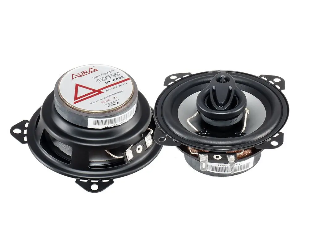 Акустика коаксиальная Aura SX-A423. 10 см (4 дюйм.), Мощность динамиков 61 Вт (номинальная), 121 Вт (максимальная).