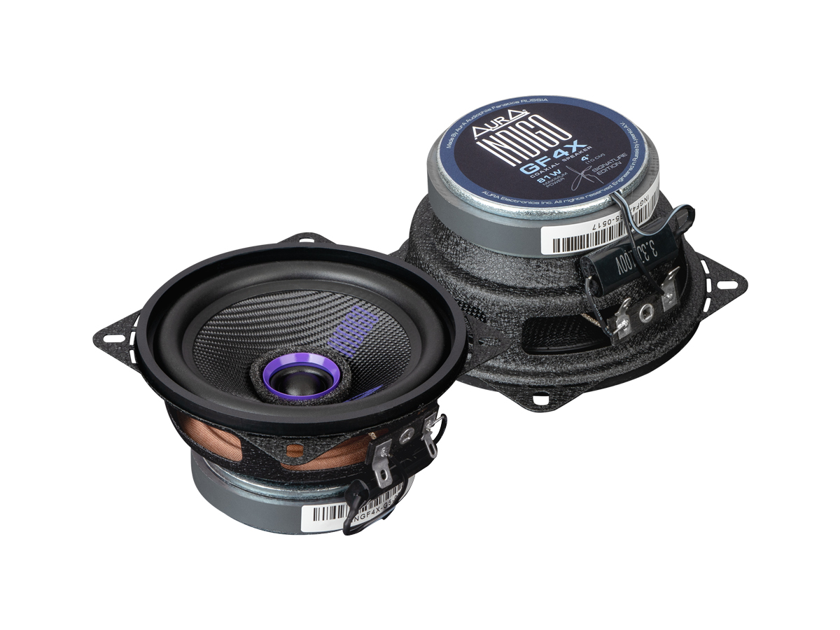 Акустика коаксиальная Aura INDIGO-GF4X. 10 см (4 дюйм.), Мощность динамиков 41 Вт (номинальная), 81 Вт (максимальная).